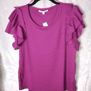 NWT Stella & Ginger purple ribbed knit flutter sleeve blouse.